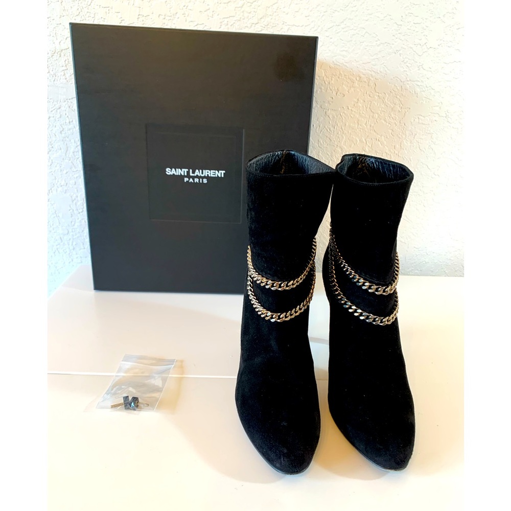 Saint Laurent Boots Black Suede Debbie 100 Silver Chain Round Toe Ankle Boots